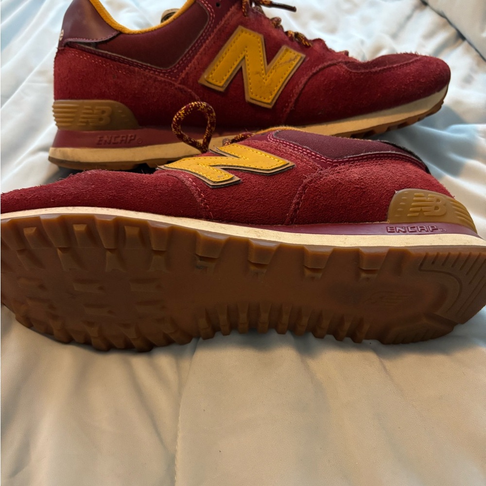 New Balance 574 Burgundy and Mustard Sneakers